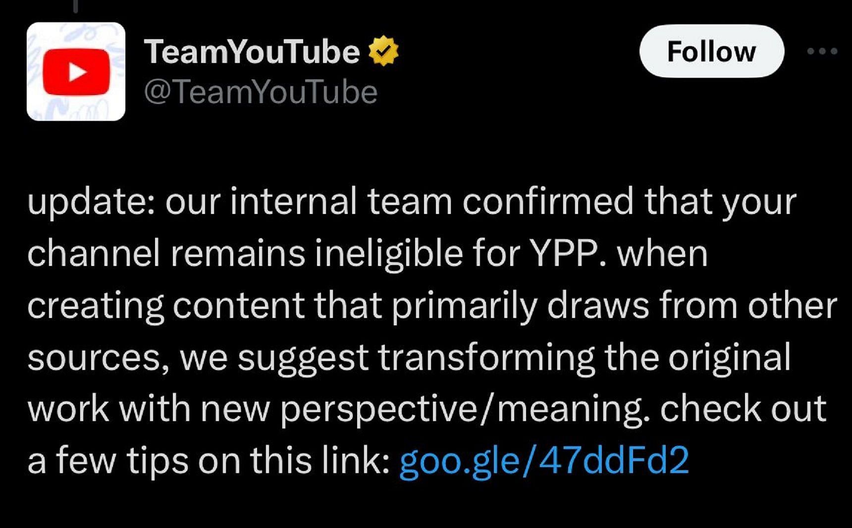 YouTube responds to the creator's queries (Image via X/@Masteroogway)